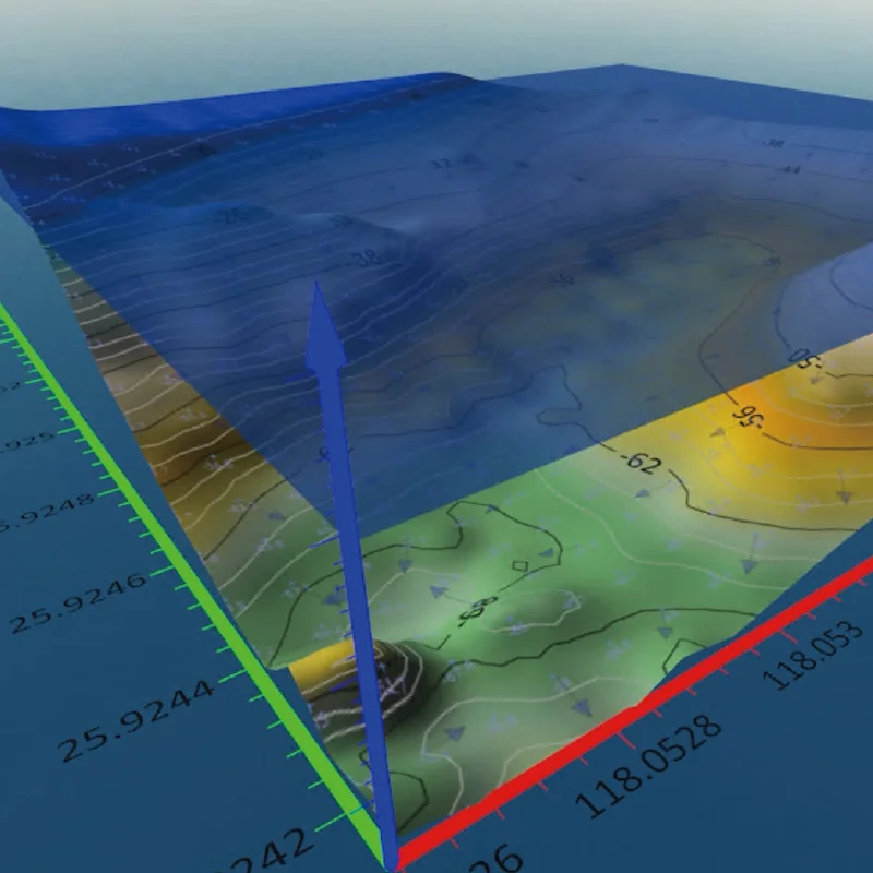 QYSEA QY-BTによる水底の3D地形図。深度の色分けと等深線を表示